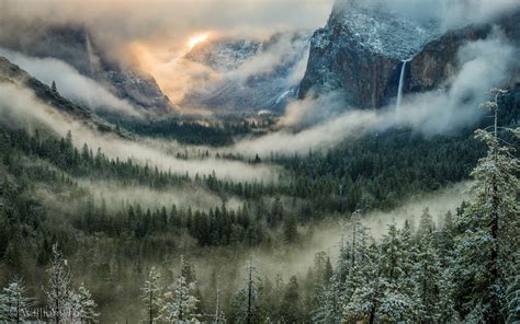 Yosemite Clouds Fog Mist Valley Trees Forest Landscape