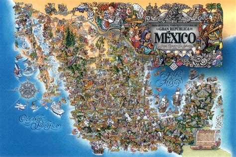 Large Tourist Illustrated Map Of Mexico Mexico North America