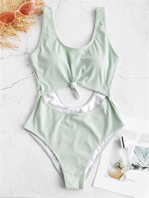 37 Off 2021 Zaful Textured Knotted Monokini Swimsuit In Mint Green