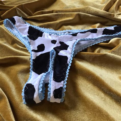 Cow Print Velvet Blue Trim Crotchless Panties Thong Etsy