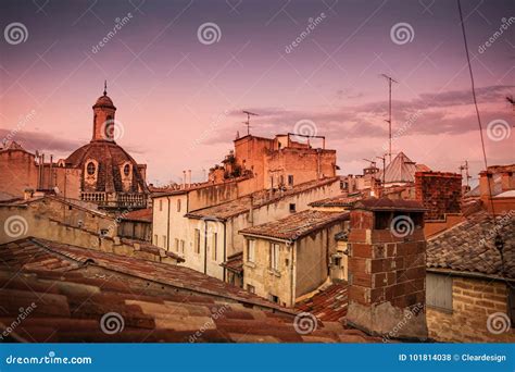 Europe Old Town Roofs In Warm Sunset Light Landscape Stock Photo