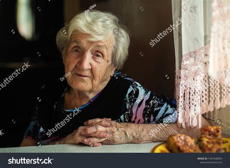 Grayhaired Old Lady Closeup Portrait Kitchen Stock Photo 1491648809