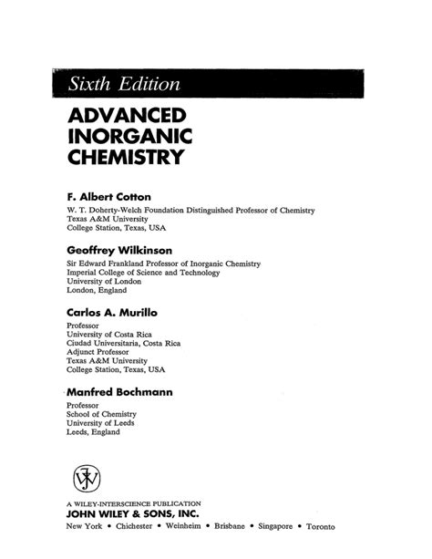 Cotton Wilkinson Advanced Inorganic Chemistry 6th Edition