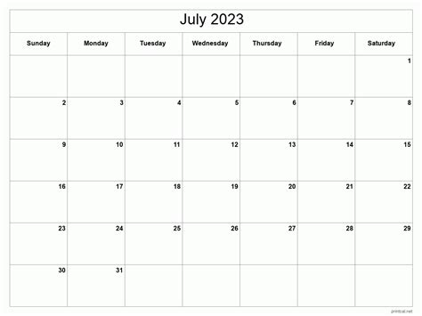 Printable Calendar July 2023 Printable Blank World