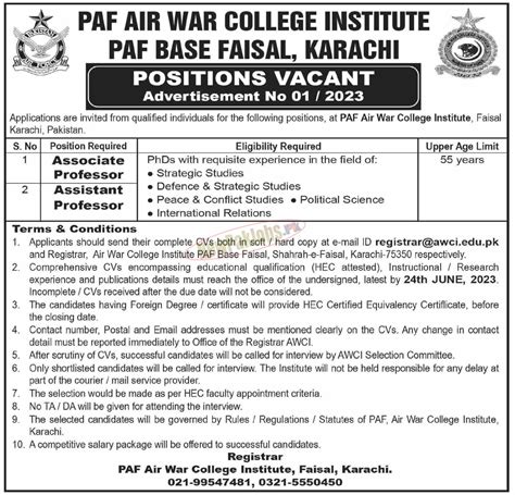 Paf Air War College Institute Paf Base Faisal Karachi Jobs 2023