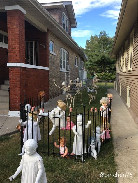 Daytime Halloween Yard Setup With Creepy Dolls
