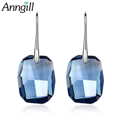 Anngill Big Blue Drop Earrings For Women Real Crystal From Swarovski