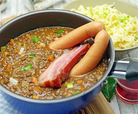 Stuttgartcooking Linsen mit Spätzle Saitenwürstchen und Speck