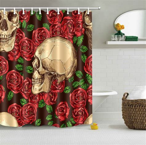 Lb Vintage Skull Red Rose Black Background Shower Curtain