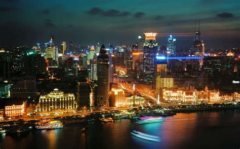Download Wallpaper 3840x2400 Shanghai Skyscrapers Night City Top