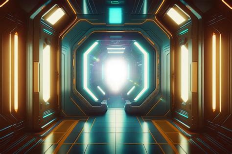 pasaje del túnel de ciencia ficción futurista de la nave espacial con luces de neón brillantes y