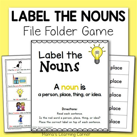 First grade kids start to put words together, both in print and on the computer. Label the Nouns File Folder Game - Mamas Learning Corner