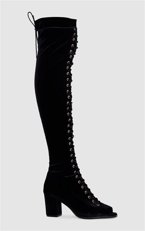 Black Velvet Lace Up Thigh High Boots Shoes Prettylittlething