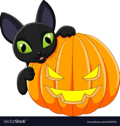 Cartoon Black Cat With Halloween Pumpkin Vector Image