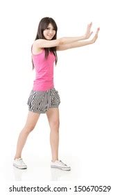 Woman Pushing Leaning On Wall Isolated Stock Photo Shutterstock