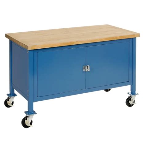Mobile Workbench With Security Cabinet Maple Butcher Block Square Edge