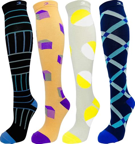 Mens And Womens 4 Pair Extra Soft Colorful Design Medium Graduated Compression Socks 15 20mmhg