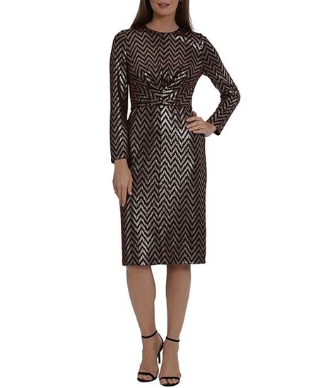 Maggy London Crew Neck Long Sleeve Chevron Metallic Sheath Dress