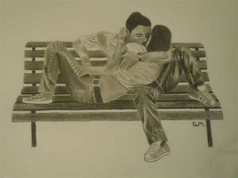 Pencil Sketch Of A Couple Kissing On A Bench Freehand From A Photograph Sorry For Bad Lighting