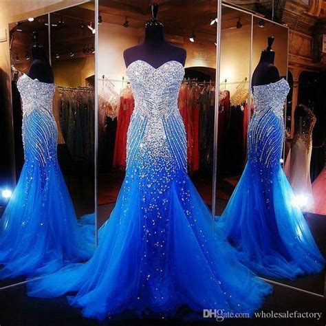 Luxury Ocean Blue Strapless Beaded Mermaid Long Prom Dresses Tulle Crystals Sweep Formal Party