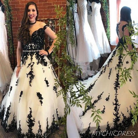 Off The Shoulder Tulle Lace Sleeveless Black White Weddng Dresses Email