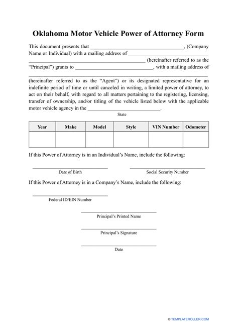 Oklahoma Motor Vehicle Power Of Attorney Form Fill Out Sign Online