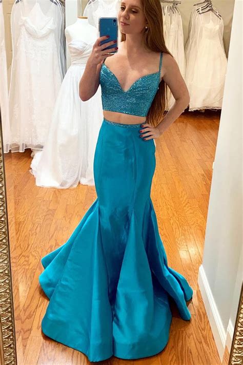 Two Piece Light Blue Mermaid Prom Dress Simple Spaghetti Strap Satin Formal Dress N1572