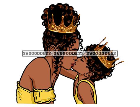 Afro Mom And Daughter Kiss Queen Princess Crown Together Etsy