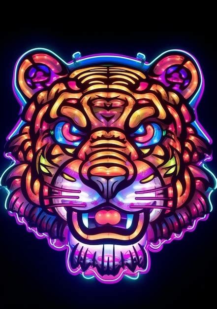 Premium Ai Image Neon Tiger Head On Black Background Generative Ai