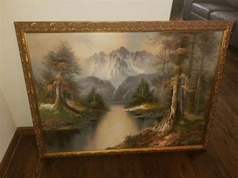 Vintage Landscape Oil Painting Framed Mountain Lake Trees Realism