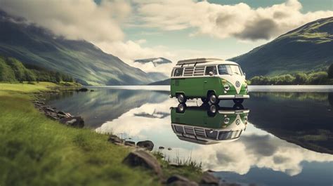 Premium Ai Image A Vintage Camper Van Parked Beside A Tranquil Lake