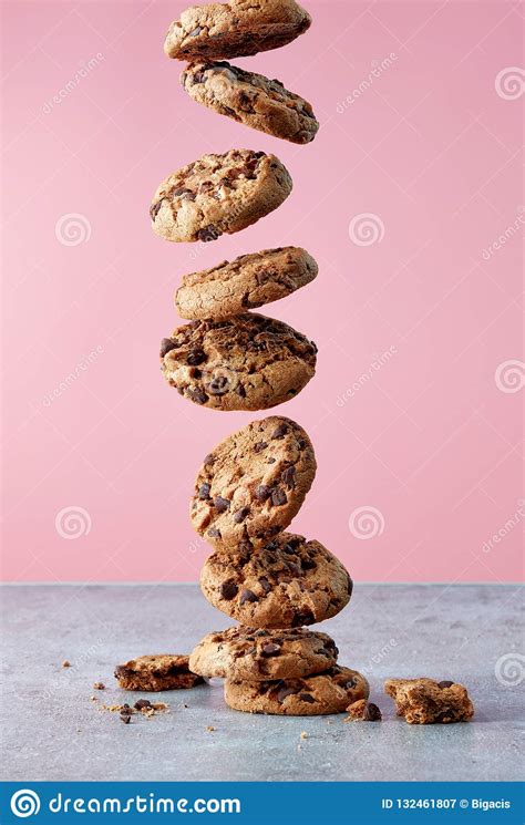 Chocolate Chip Cookies Falling In Stack Stock Image Image Of Floating