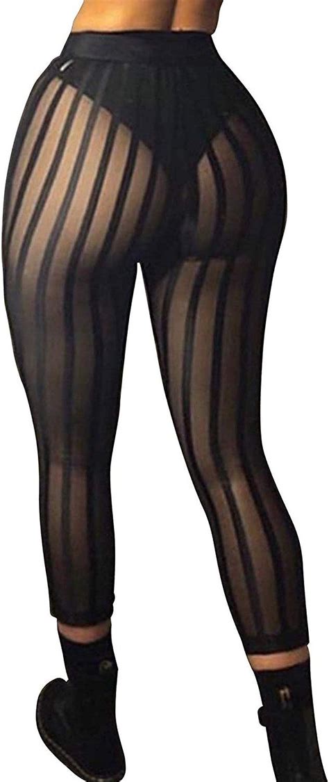 Loalirando Women Sexy Mesh See Through Striped Leggings High Waist Slim Fit Long Pants Stretchy
