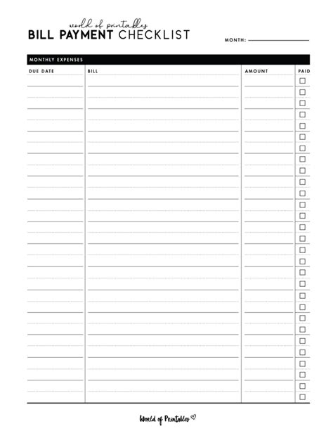 Free Bill Payment Checklist PDF World Of Printables