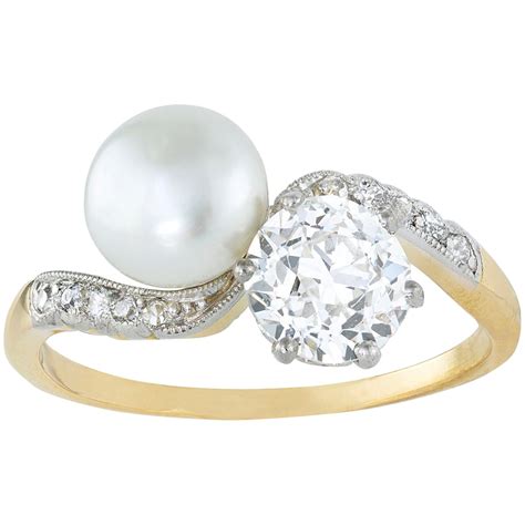 Edwardian Natural Pearl Diamond Silver Gold Engagement Ring At 1stdibs