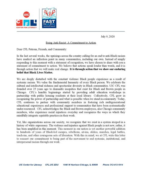 Letter Of Commitment To Anti Racist Actions Center For Literacy University Of Illinois Chicago