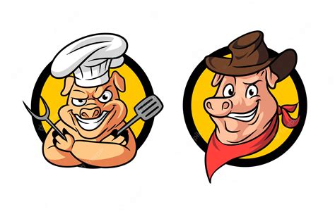 Cartoon Cowboy Pig Barbecue Barbecue Mascotte Logo Vecteur Premium