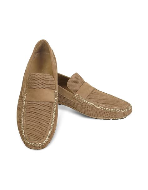 Moreschi Portofino Tan Perforated Suede Driver Shoes In Brown For Men