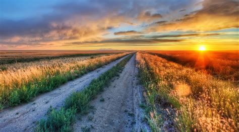 Grass Fields Hdr Sunset Road Clouds Coolwallpapersme