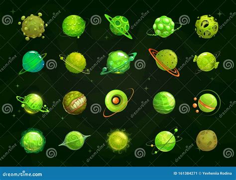 Different Cartoon Green Alien Planets Set Funny Fantasy Planet On The