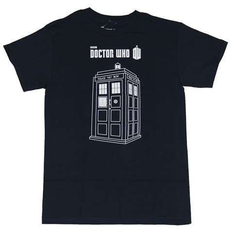 Doctor Who Mens T Shirt White Line Drawn Call Box Image Under Logo