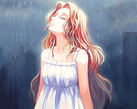 Rain Anime Girl Long Hair Beauty Dress Wallpapers Hd Desktop