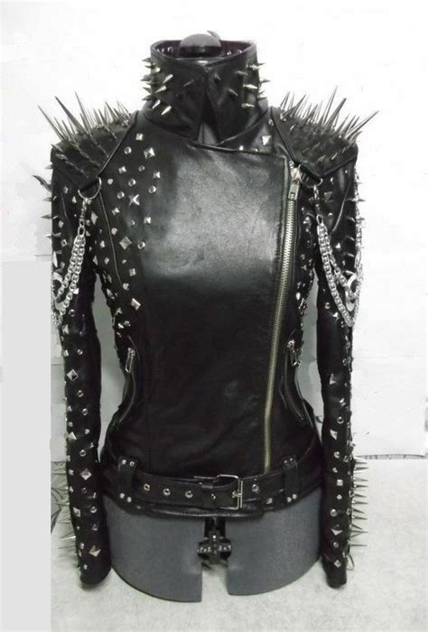 Women Leather Long Spiked Silver Studded Jacket Studs Spike Belted Punk