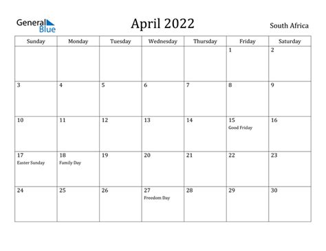 South Africa April 2022 Calendar With Holidays
