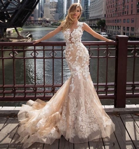 China Mermaid Champagne Bridal Gowns Mermaid 3d Flowers Tulle Lace Wedding Dress Wd92 China