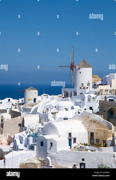 View On Windmills And Houses Of The Village Oia Santorin Island