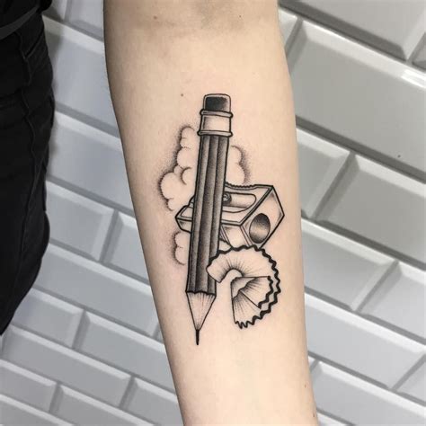 Pencil And A Pencil Sharpener Tattoo Inked On The Left Forearm At Kult