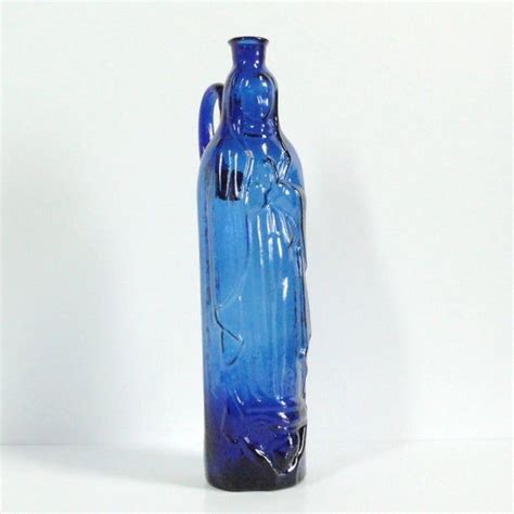 Large Virgin Of Guadalupe Holy Water Bottle Hand Blown Avalos Glass Cobalt Blue C1950 S In