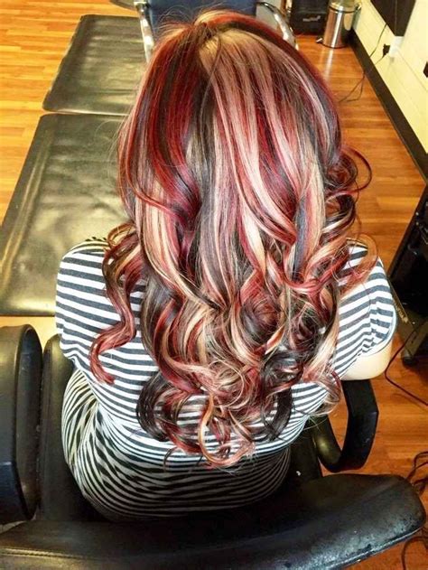 Dark Brown Hair With Chunky Red And Blonde Highlights