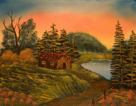 Time Outdoors Oil Painting Lakeside Cabin